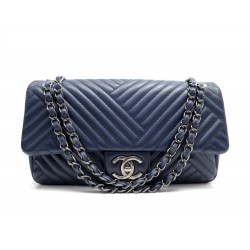 SAC A MAIN CHANEL TIMELESS CHEVRON BANDOULIERE CUIR BLEU + BOITE HANDBAG 6050€