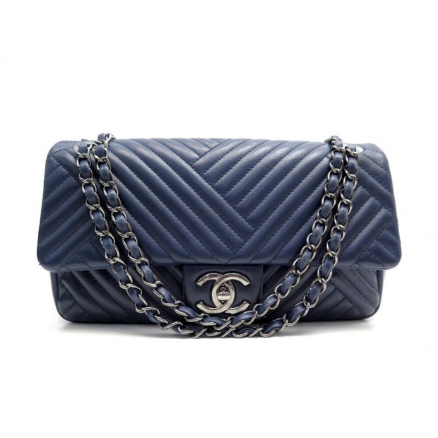 SAC A MAIN CHANEL TIMELESS CHEVRON BANDOULIERE CUIR BLEU + BOITE HANDBAG 6050€