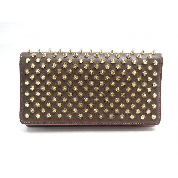 NEUF PORTEFEUILLE CHRISTIAN LOUBOUTIN SPIKE EN CUIR MARRON LEATHER WALLET 530€