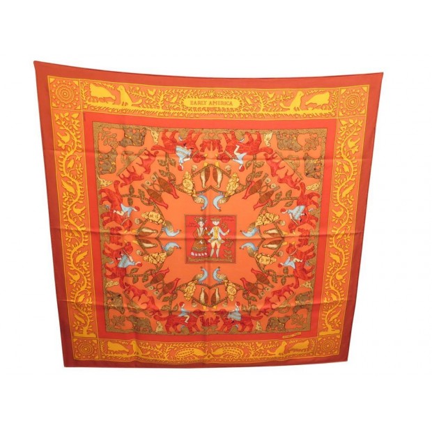 FOULARD HERMES EARLY AMERICA DE LA PERRIERE CARRE EN SOIE ROUGE SILK SCARF 350€