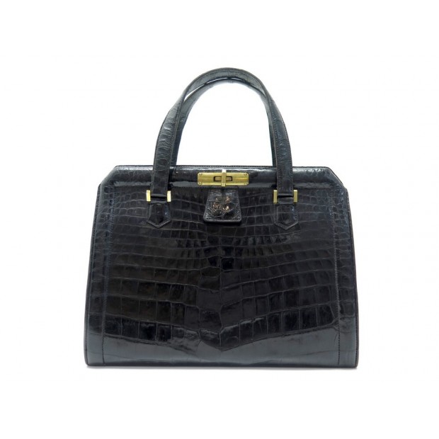 VINTAGE SAC A MAIN HERMES METRO EN CUIR DE CROCODILE POROSUS NOIR HAND BAG