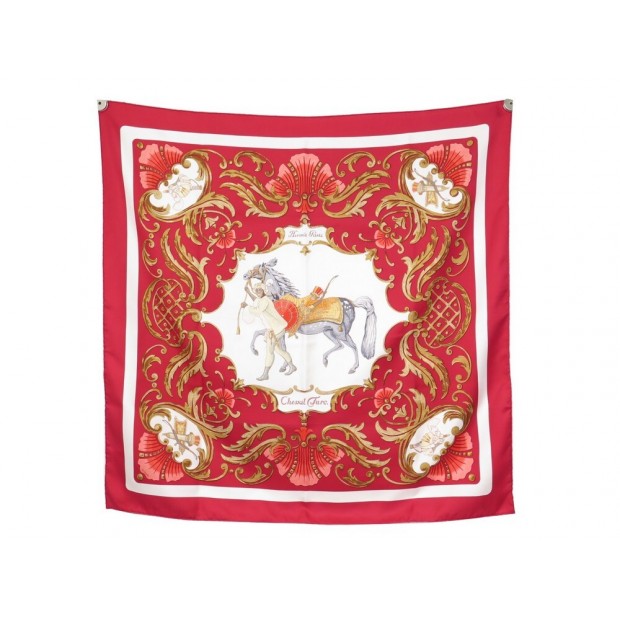 FOULARD HERMES CHEVAL TURC VAUZELLES CARRE 90 EN SOIE ROUGE RED SILK SCARF 385€