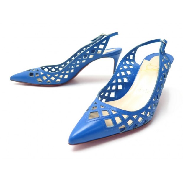 NEUF CHAUSSURES CHRISTIAN LOUBOUTIN ESCARPINS AJOURE 37 EN CUIR BLEU SHOES 575€