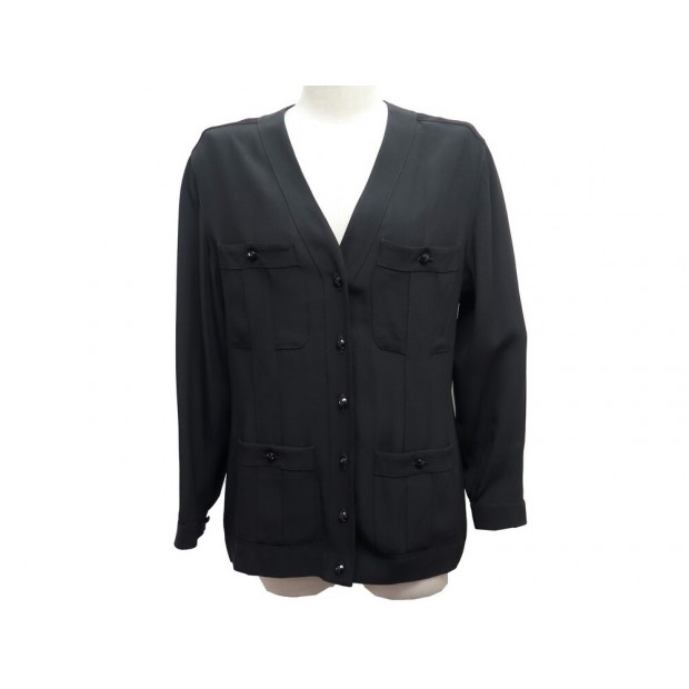 NEUF VESTE LEGERE CHANEL EN MOUSSELINE DE SOIE L 42 NOIR BLOUSE NEW JACKET 1600€