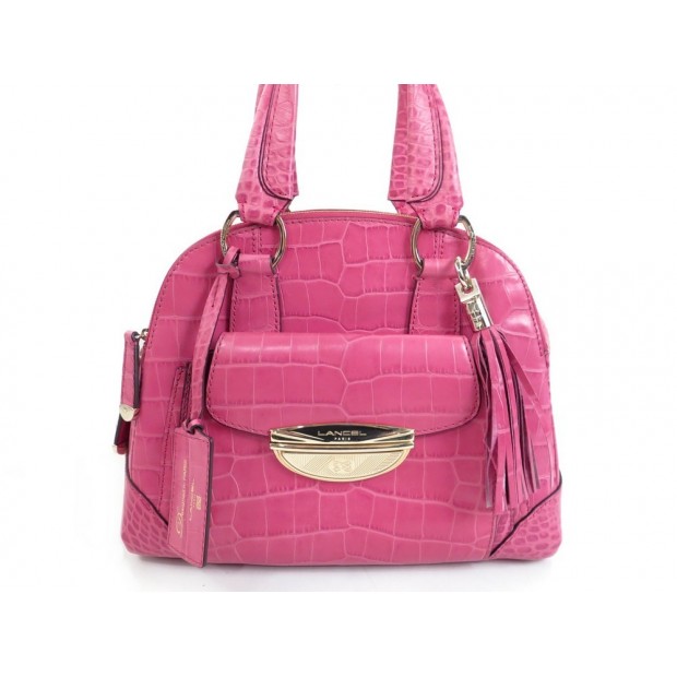 SAC A MAIN LANCEL ADJANI 33 CM EN CUIR FACON CROCO ROSE HAND BAG DUSTBAG 1190€