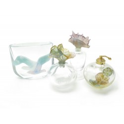 3 FLACONS DAUM BOUCHONS FLEURS COQUILLAGES PATE DE VERRE + VASE MOUETTE CRISTAL