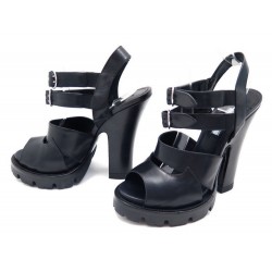 NEUF CHAUSSURES PRADA SANDALES A TALONS 40 CUIR NOIR LEATHER SANDALS SHOES 550€