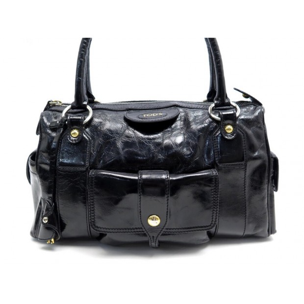 SAC A MAIN TOD'S 32 CM EN CUIR VERNIS NOIR BLACK PATENT LEATHER HAND BAG 995€