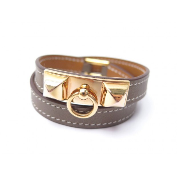 BRACELET HERMES RIVALE DOUBLE TOUR T2 15 CM CUIR ETOUPE TAUPE BOITE LEATHER 480€