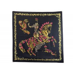 NEUF FOULARD HERMES CHEVAL FLEURI D'ORIGNY CARRE 90 EN SOIE NOIR SILK SCARF 385€