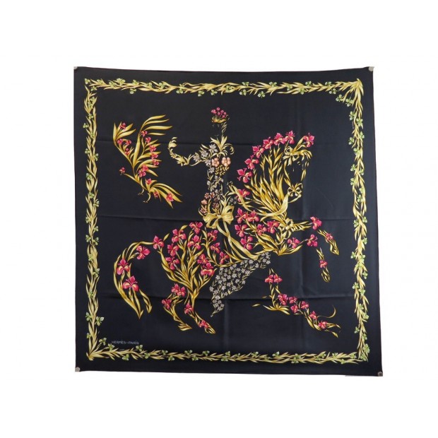 NEUF FOULARD HERMES CHEVAL FLEURI D'ORIGNY CARRE 90 EN SOIE NOIR SILK SCARF 385€