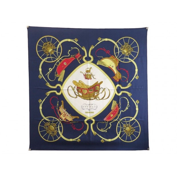 FOULARD HERMES SPRINGS PHILIPPE LEDOUX CARRE 90 SOIE BLEU MARINE SILK SCARF 385€