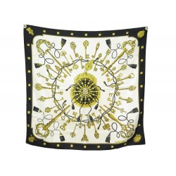 FOULARD HERMES LES CLES CATHY LATHAM CARRE 90 SOIE NOIR + BOITE SILK SCARF 385€