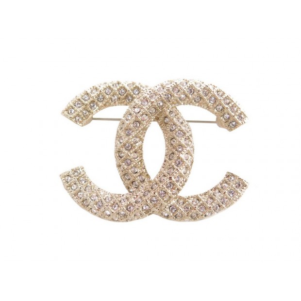 NEUF BROCHE CHANEL LOGO CC & STRASS AB5207 EN METAL DORE NEW GOLDEN BROOCH 650€