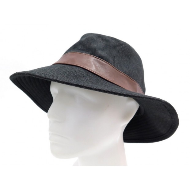 CHAPEAU HERMES EN LIN NOIR ET BANDE DE CUIR MARRON +BOITE LINEN LEATHER HAT 730€