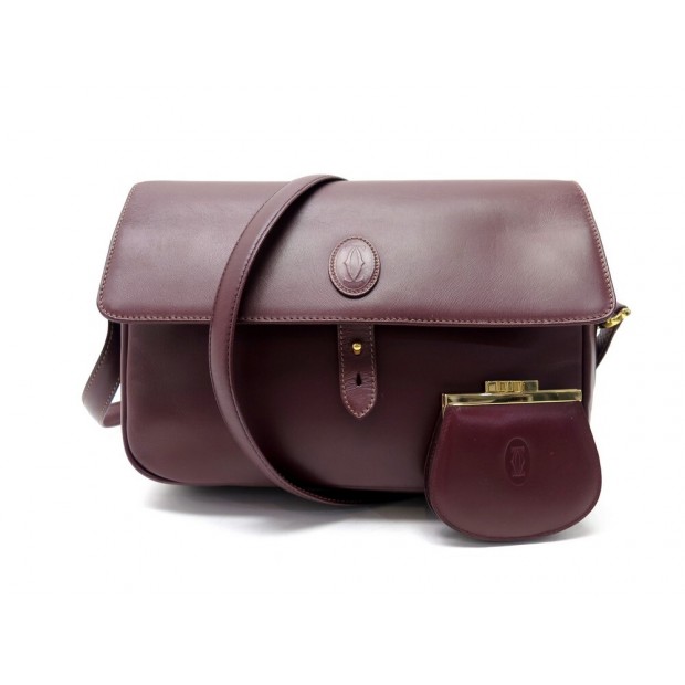 SAC A MAIN MUST DE CARTIER BANDOULIERE PORTE MONNAIE CUIR BORDEAUX HANDBAG 1400€