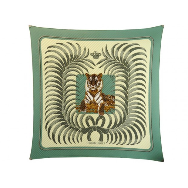 FOULARD HERMES TIGRE ROYAL CARRE PLISSE EN SOIE VERT + BOITE SILK SCARF 385€