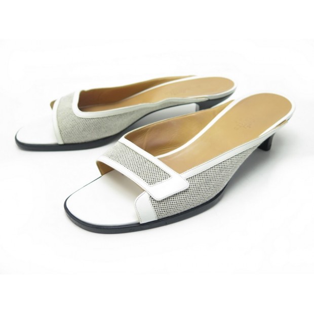 CHAUSSURES HERMES 40 SANDALES MULES A TALONS EN CUIR BLANC LEATHER SHOES 550€