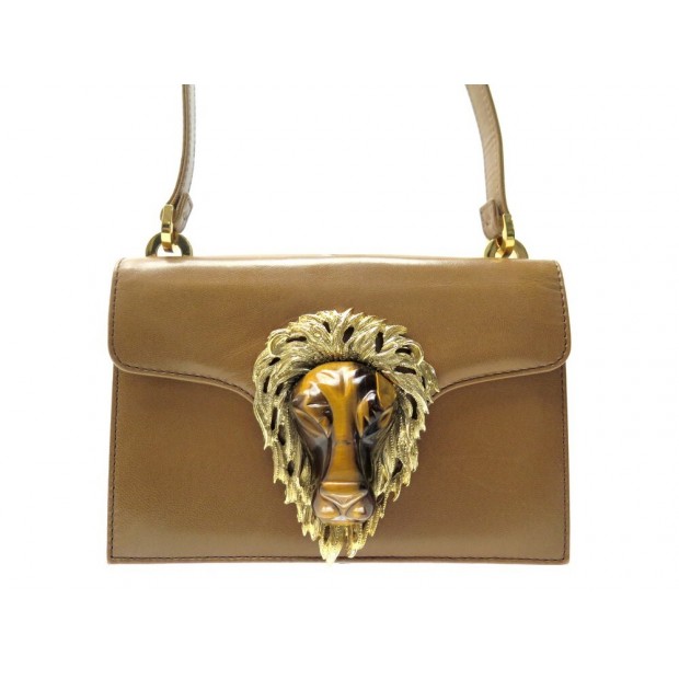 VINTAGE SAC A MAIN VALENTINO EN CUIR TETE DE LION HEAD TIGER'S EYE HAND BAG RARE