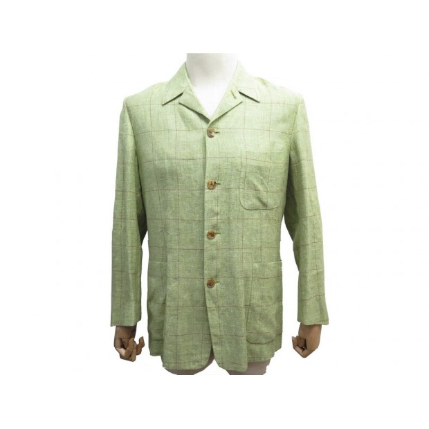 NEUF VESTE HERMES FRANCESCO G9508 M 48 LIN A CARREAUX VERT TILLEUL JACKET 2250€