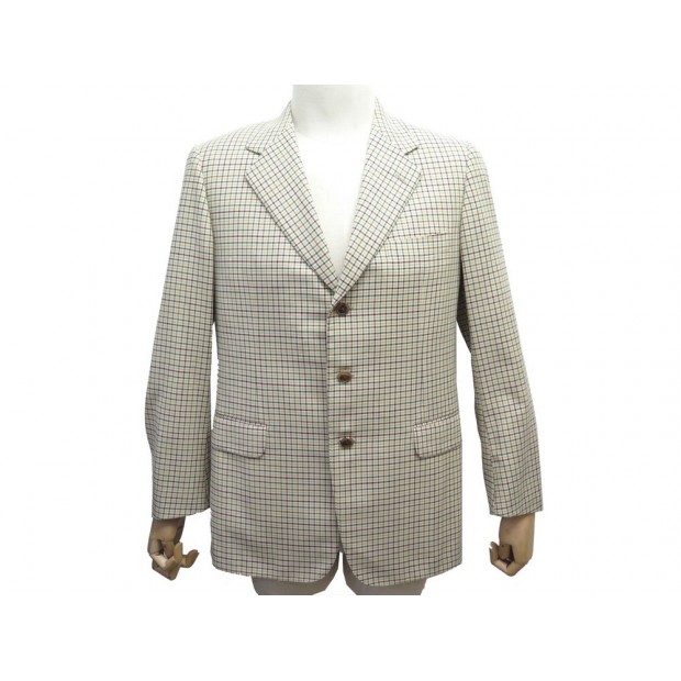 VESTE HERMES G 9135 M 50 BEIGE EN LAINE A CARREAUX MULTICOLORE WOOL JACKET 1700€