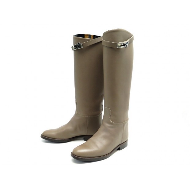CHAUSSURES HERMES BOTTES JUMPING 36 CUIR TAUPE + BOITE FERMOIR KELLY BOOTS 2010€