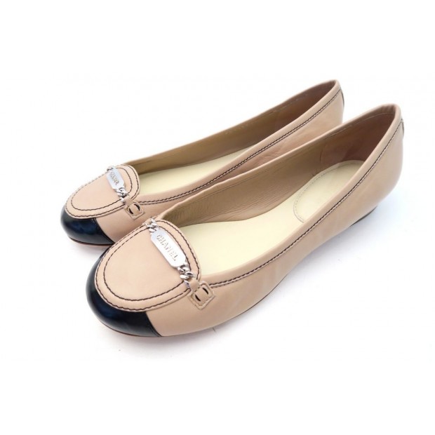 NEUF CHAUSSURES CHANEL BALLERINES G27754 38.5 CUIR BEIGE + BOITE SAC SHOES 560€