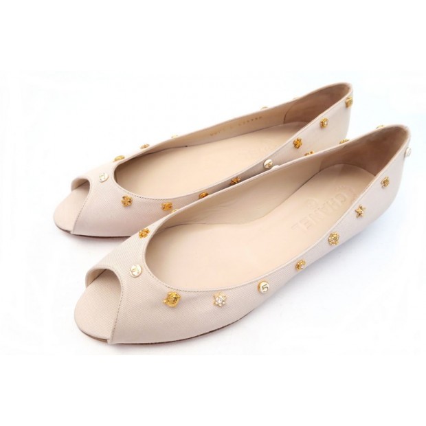 NEUF CHAUSSURES CHANEL BALLERINES BOUTS OUVERTS 38.5 BEIGE SAC BOITE SHOES 540€