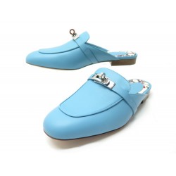 NEUF CHAUSSURES HERMES MULES OZ 181123Z 38 EN CUIR BLEU FERMOIR KELLY SHOES 970€