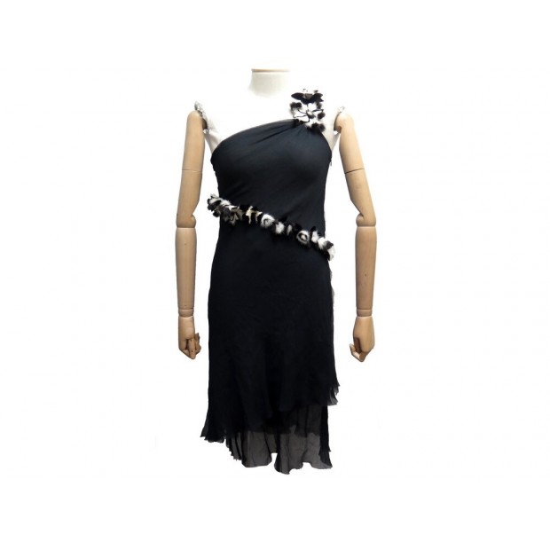 ROBE BUSTIER FENDI FD5901INA M 40 EN SOIE NOIR FLEURS EN PLUME SILK DRESS 2200€