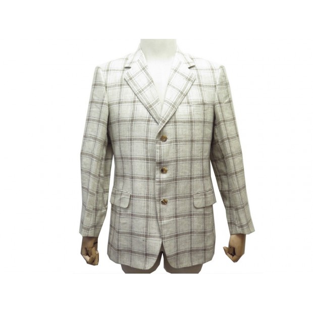 VESTE HERMES G115 M 48 EN LIN GRIS A CARREAUX MARRON LINEN JACKET VEST 2250€