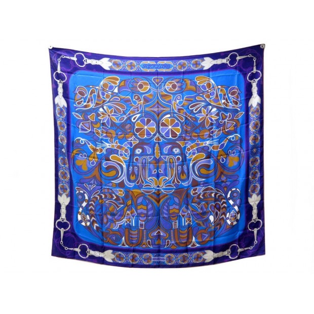 FOULARD HERMES FOLKLORE PAR HENRI D'ORIGNY SOIE BLEU CARRE 140 SILK SCARF 760€