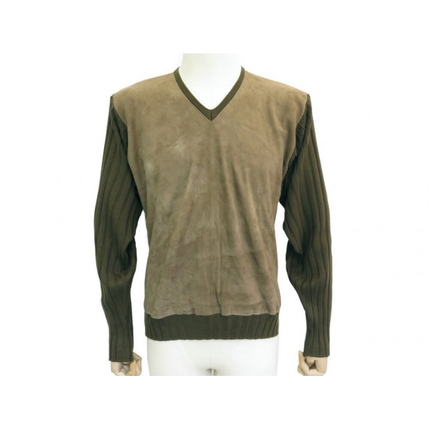 PULL HERMES BIMATIERE M 48 CUIR & LAINE SOIE CACHEMIRE KAKI LEATHER WOOL SWEATER