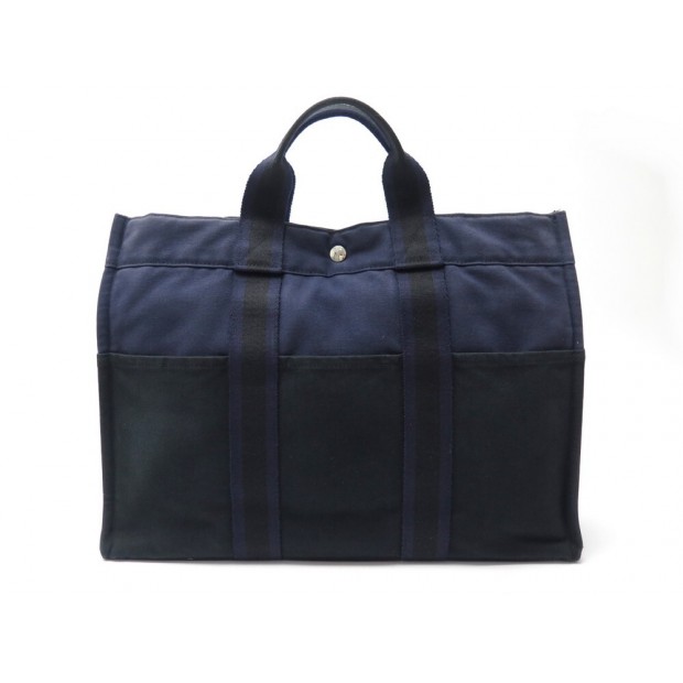 SAC A MAIN HERMES CABAS TOTO 42 CM EN TOILE BLEU & NOIR CANVAS HAND BAG 1300€