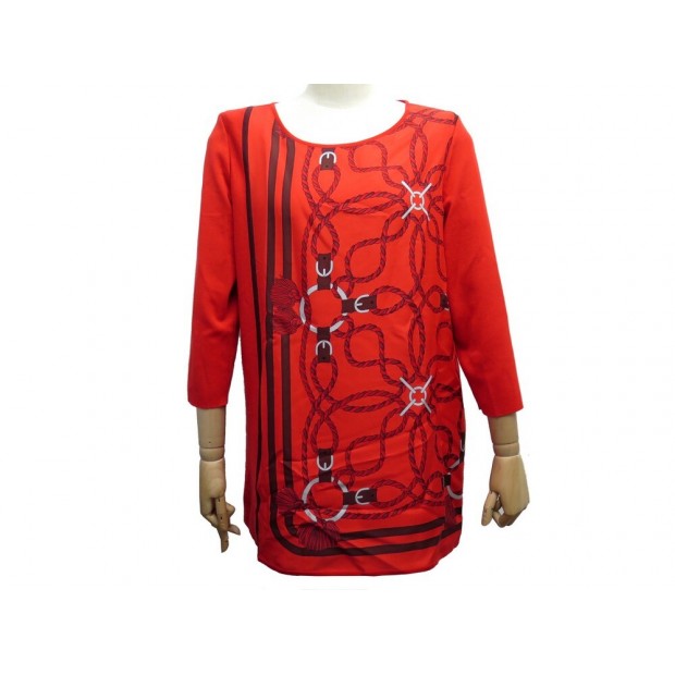 NEUF HAUT HERMES TUNIQUE L 42 EN SOIE & COTON ROUGE CORDAGE POMPONS SHIRT 1550€