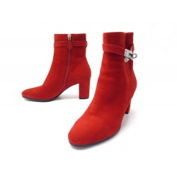 NEUF CHAUSSURES HERMES BOTTINES SAINT GERMAIN 38 EN DAIM ROUGE BOITE SHOES 1370€