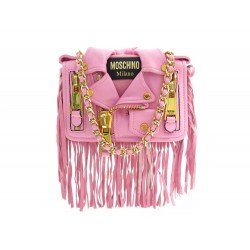 SAC A MAIN MOSCHINO PETIT MOTARD A FRANGES CUIR DAIM ROSE BANDOULIERE BAG 1050€