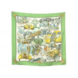 FOULARD HERMES AUTOMOBILE JOACHIM METZ CARRE 90 EN SOIE VERT SILK SCARF 385€