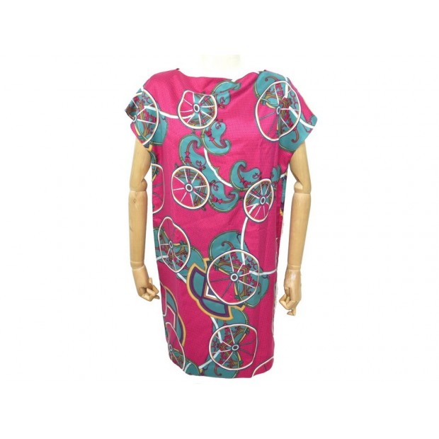 NEUF ROBE HERMES IMPRIME ROUES EN ROSE FUSHIA ROSE M 40 NEW SILK DRESS 2000€