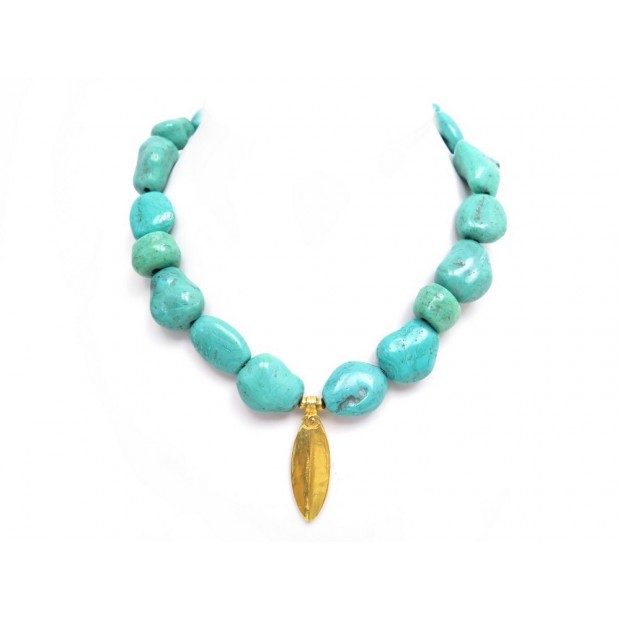 COLLIER CHANEL 1998 PIERRES TURQUOISES 50 A 55 CM EN METAL DORE GOLDEN NECKLACE