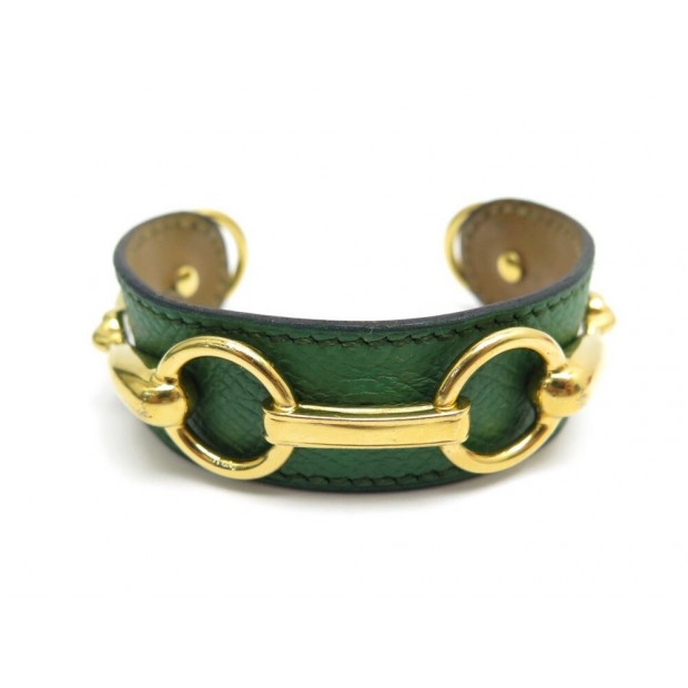 BRACELET HERMES MORS 16 CM EN CUIR VERT & PLAQUE OR DORE + BOITE LEATHER 555€