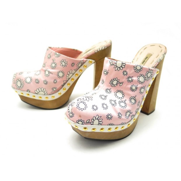 CHAUSSURES MIU MIU SABOTS 36 SANDALES MULES A TALONS TISSU ROSE SHOES 330€