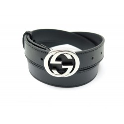 NEUF CEINTURE GUCCI BOUCLE GG 114874 CUIR NOIR NEW BLACK LEATHER BELT 380€