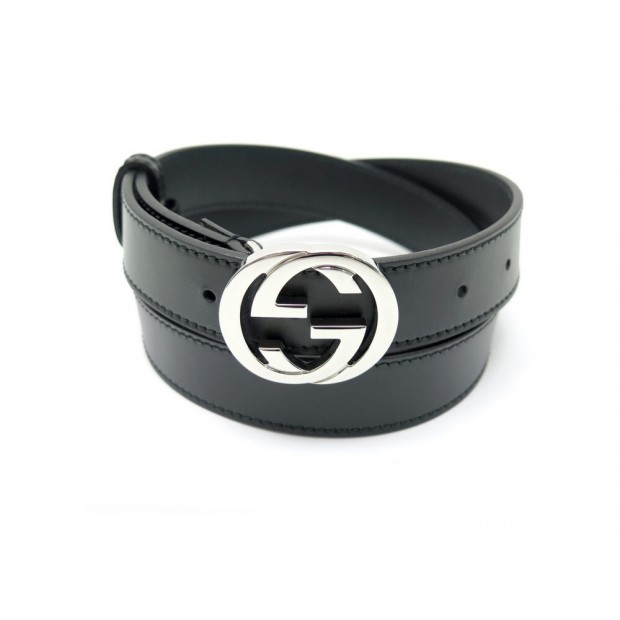 NEUF CEINTURE GUCCI BOUCLE GG 114874 CUIR NOIR NEW BLACK LEATHER BELT 380€