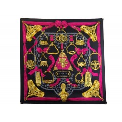 NEUF FOULARD HERMES ETRIERS DE LA PERRIERE CARRE 90 EN SOIE NOIR SILK SCARF 385€