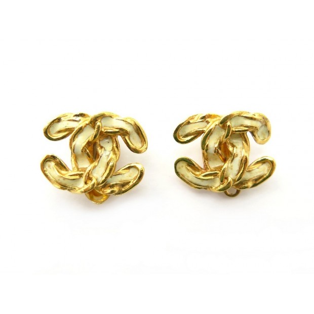 BOUCLES D'OREILLES CHANEL LOGO CC 2002 CHAINE METAL DORE & EMAIL GOLDEN EARRINGS