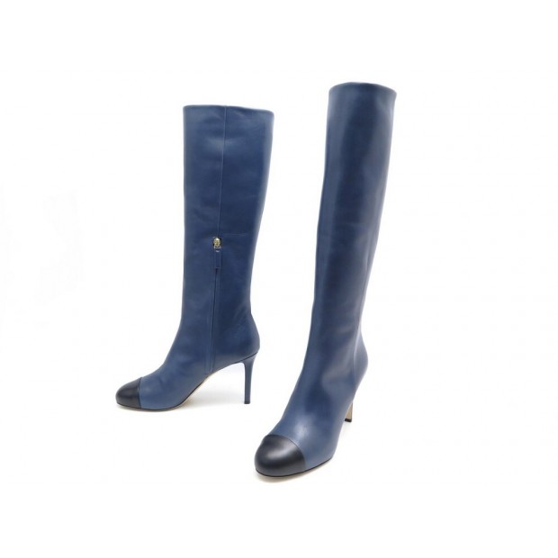 NEUF CHAUSSURES CHANEL BOTTES A TALONS G33566 40 EN CUIR BLEU BOOTS SHOES 1600€