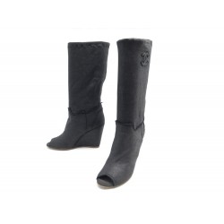 BOTTES CHANEL TALONS COMPENSES G25920 LOGO CC 40.5 TOILE ANTHRACITE BOOTS 1600€