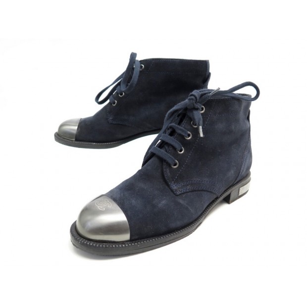 CHAUSSURES CHANEL BOTTINES G27849 41 DAIM BLEU MARINE SUEDE BOOTS SHOES 1400€