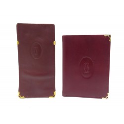 LOT PORTEFEUILLE MUST DE CARTIER + ETUI LUNETTES EN CUIR BORDEAUX LEATHER WALLET